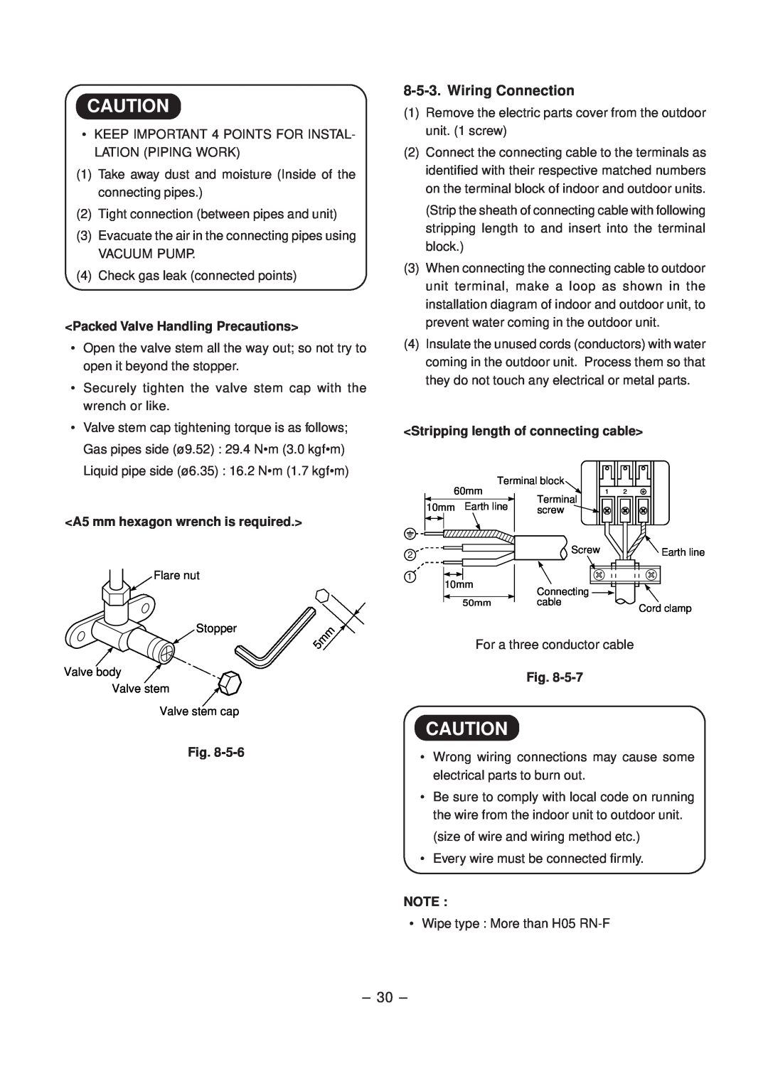 Toshiba RAS-10SK-E, RAS-10SKX Wiring Connection, Packed Valve Handling Precautions, A5 mm hexagon wrench is required 