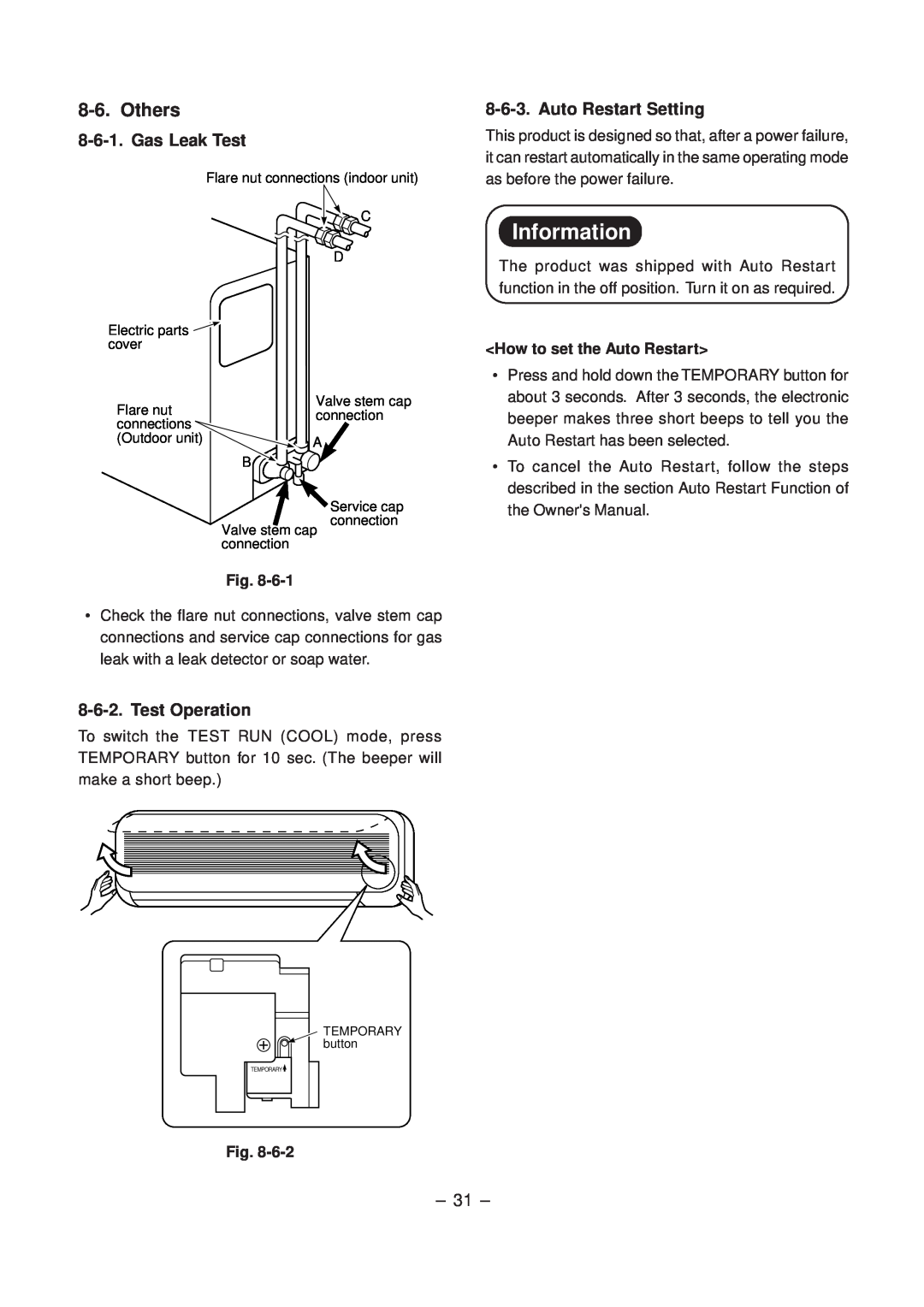 Toshiba RAS-10SA-E Information, Gas Leak Test, Test Operation, Auto Restart Setting, How to set the Auto Restart 