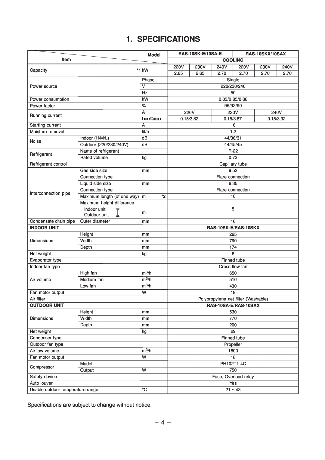 Toshiba RAS-10SKX, RAS-10SAX, RAS-10SK-E, RAS-10SA-E service manual Specifications 