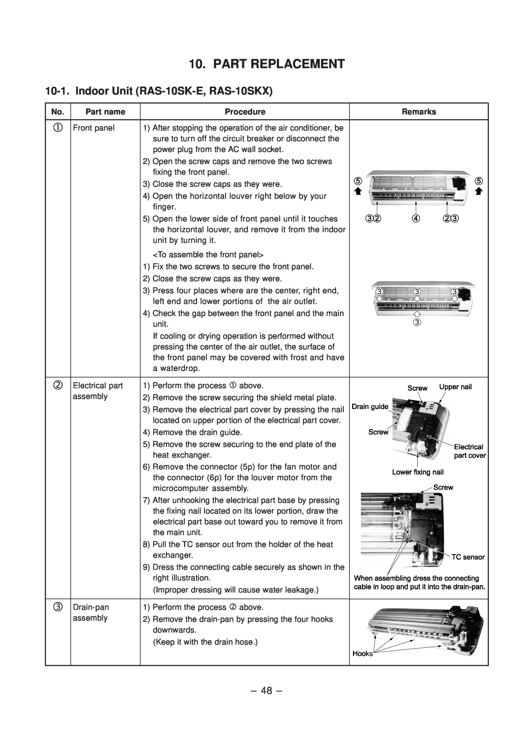 Toshiba RAS-10SAX, RAS-10SA-E service manual Part Replacement, Indoor Unit RAS-10SK-E, RAS-10SKX 