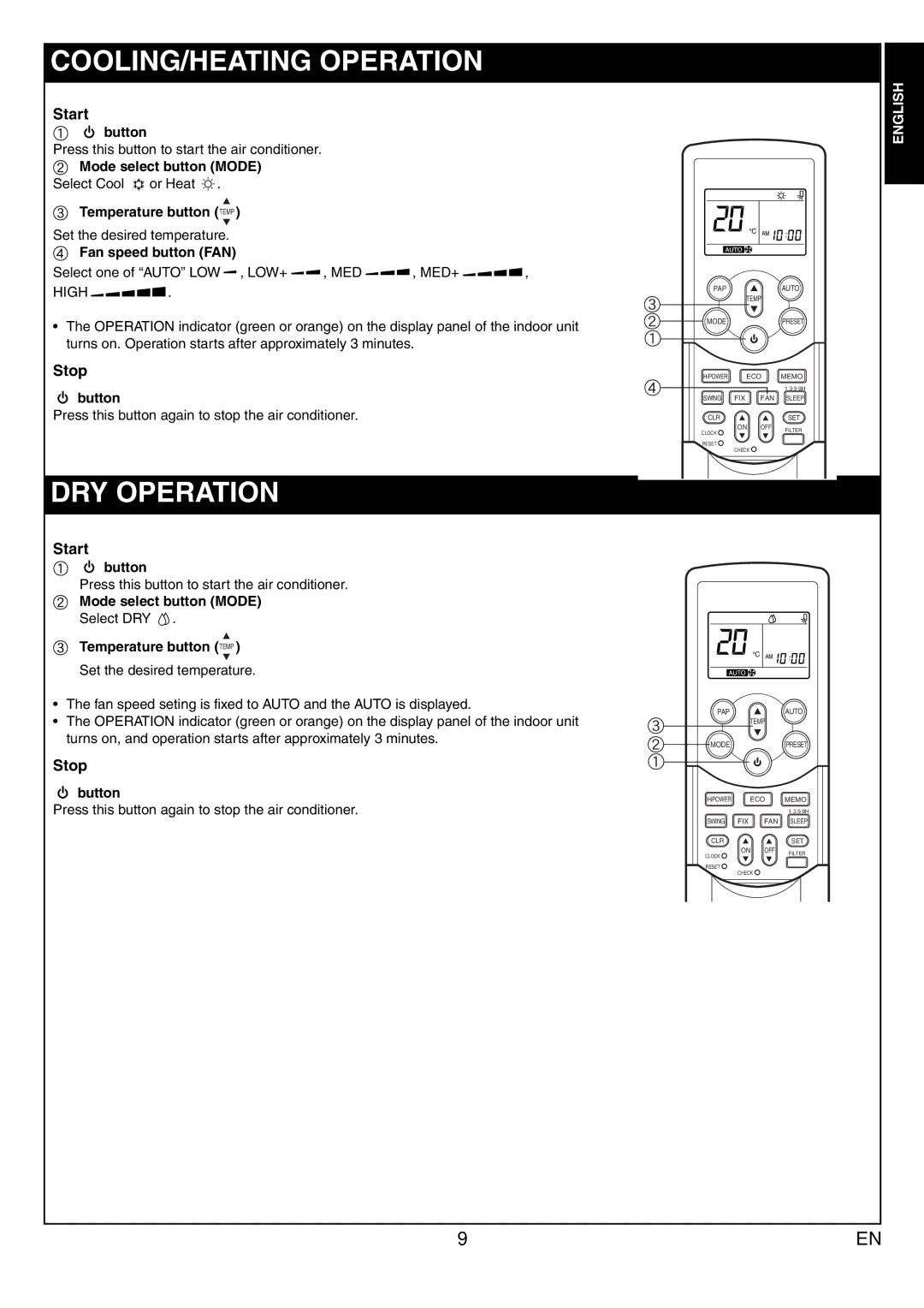 Toshiba RAS-10JKVP-E, RAS-13JAVP-E, RAS-13JKVP-E, RAS-10JAVP-E owner manual COOLING/HEATING Operation, DRY Operation 