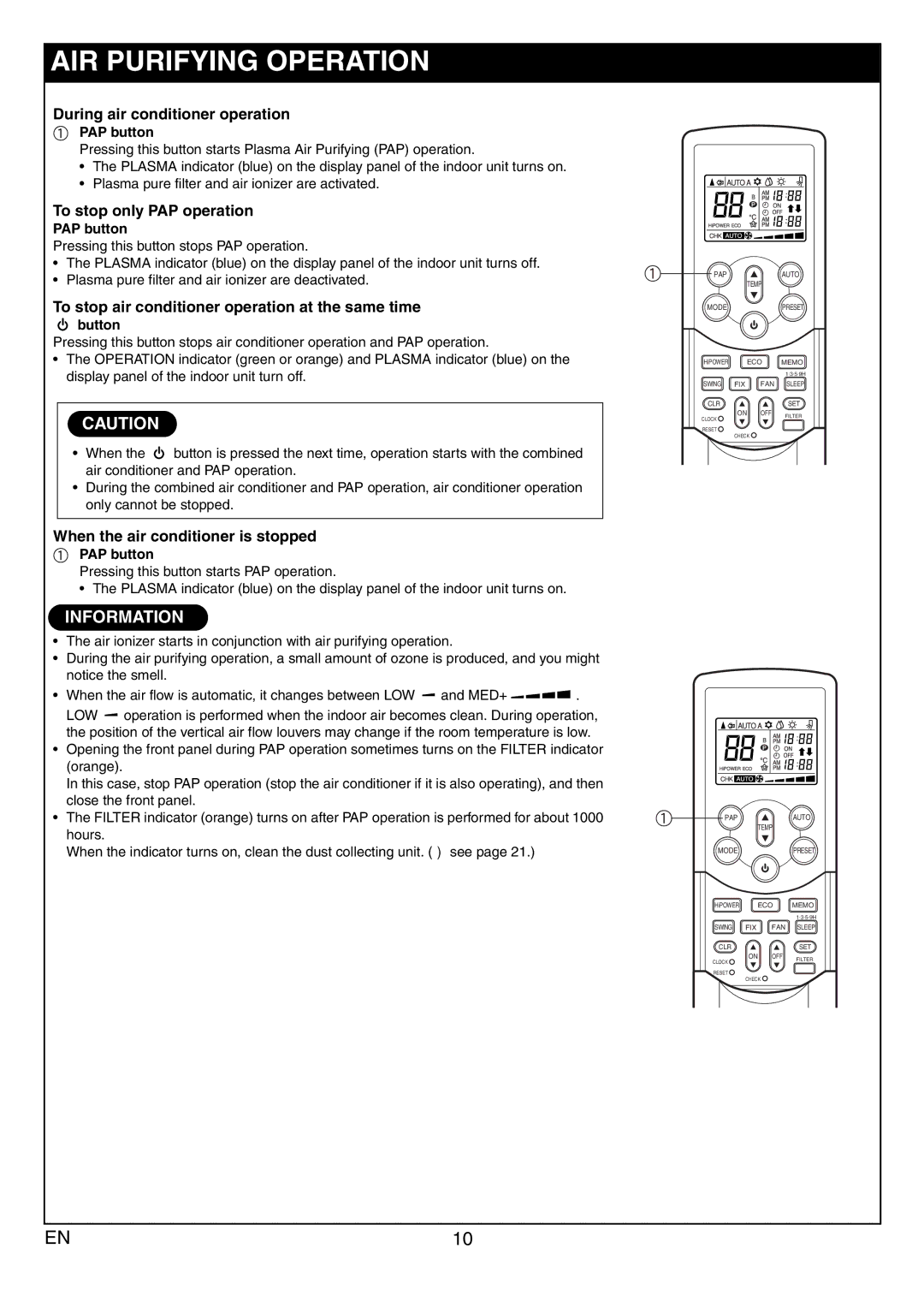 Toshiba RAS-10JAVP-E, RAS-13JAVP-E AIR Purifying Operation, During air conditioner operation, To stop only PAP operation 