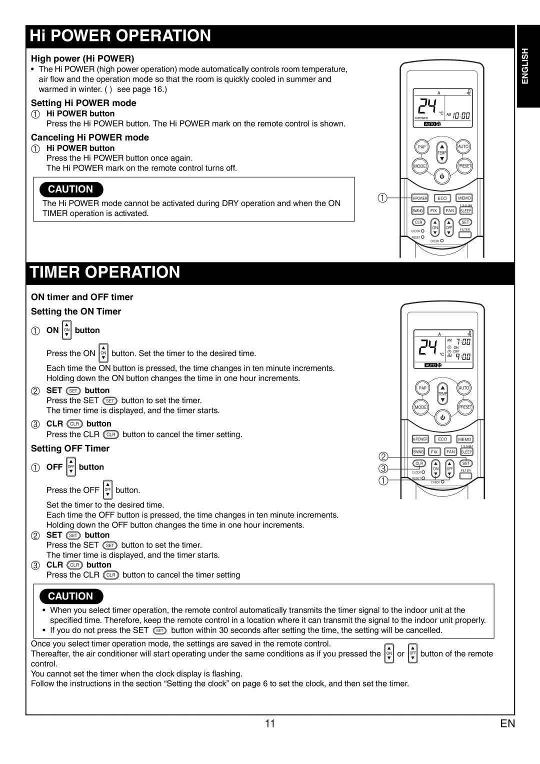 Toshiba RAS-13JAVP-E, RAS-13JKVP-E Timer Operation, High power Hi Power, Setting Hi Power mode, Canceling Hi Power mode 