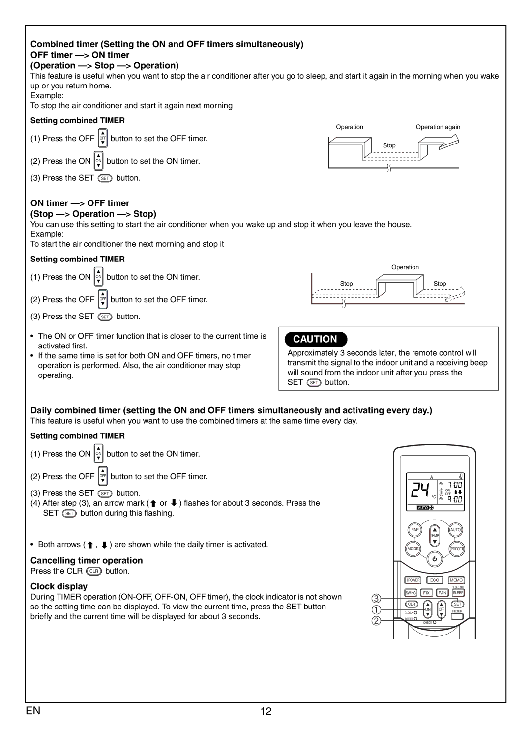 Toshiba RAS-13JKVP-E, RAS-13JAVP-E On timer OFF timer Stop Operation Stop, Cancelling timer operation, Clock display 