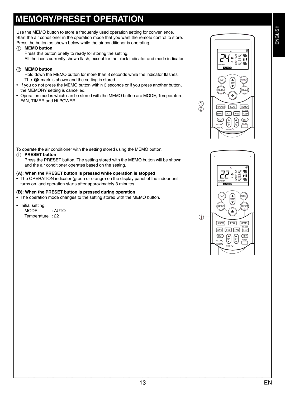 Toshiba RAS-10JKVP-E owner manual MEMORY/PRESET Operation, Memo button, When the Preset button is pressed during operation 