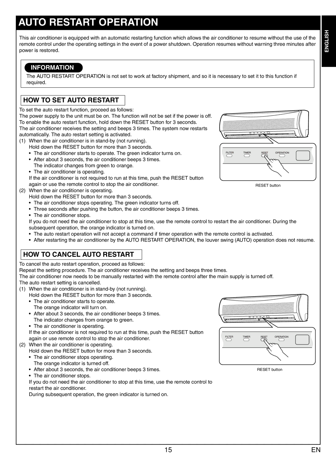 Toshiba RAS-13JAVP-E, RAS-13JKVP-E owner manual Auto Restart Operation, HOW to SET Auto Restart, HOW to Cancel Auto Restart 