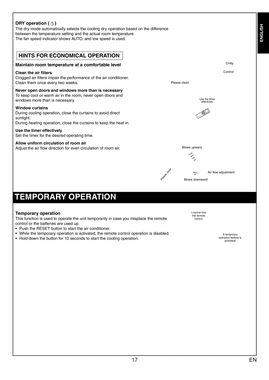 Toshiba RAS-10JKVP-E, RAS-13JAVP-E Temporary Operation, Hints for Economical Operation, DRY operation, Temporary operation 