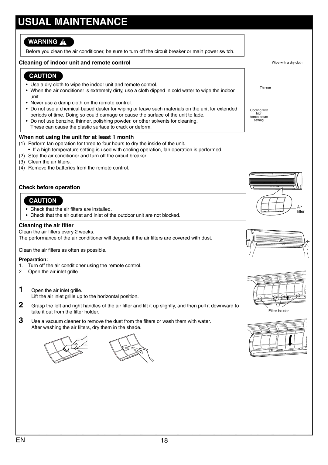 Toshiba RAS-10JAVP-E, RAS-13JAVP-E Usual Maintenance, Cleaning of indoor unit and remote control, Check before operation 