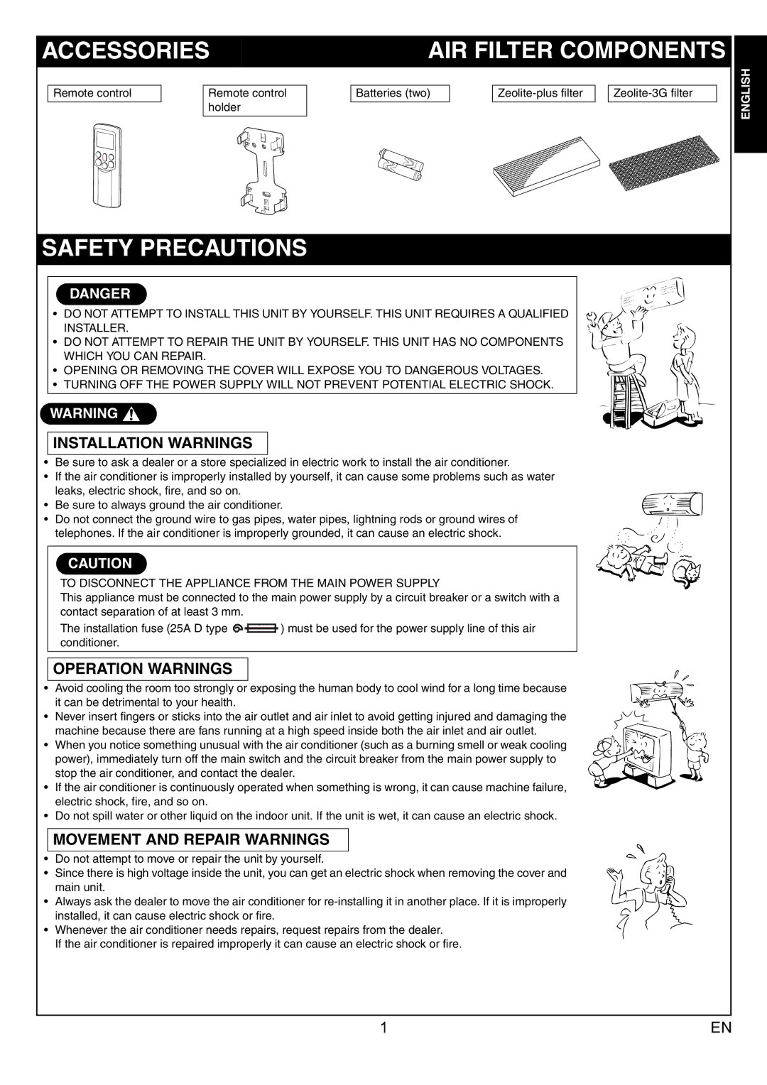 Toshiba RAS-10JKVP-E Accessories AIR Filter Components, Safety Precautions, Installation Warnings, Operation Warnings 