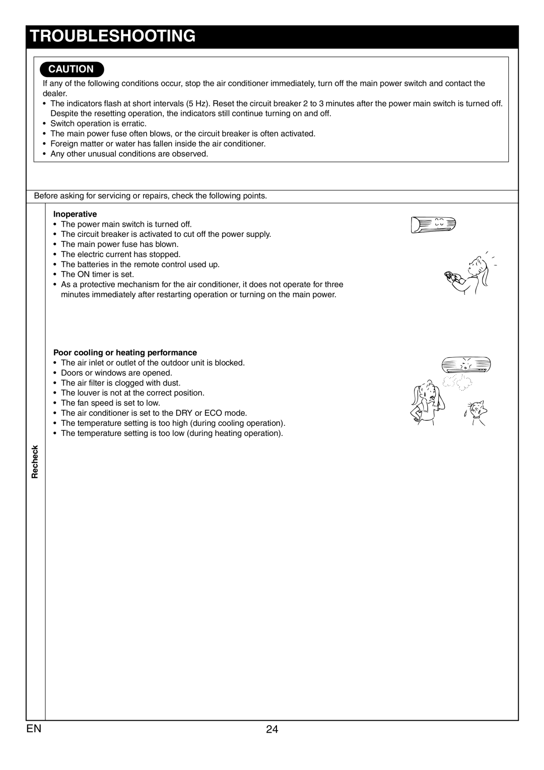 Toshiba RAS-13JKVP-E, RAS-13JAVP-E, RAS-10JKVP-E Troubleshooting, Recheck Inoperative, Poor cooling or heating performance 