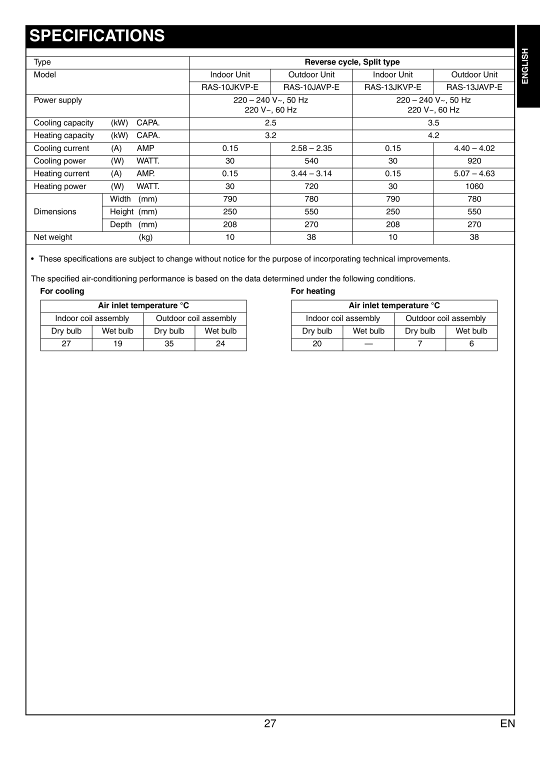 Toshiba RAS-13JAVP-E Specifications, Reverse cycle, Split type, For cooling For heating Air inlet temperature C 