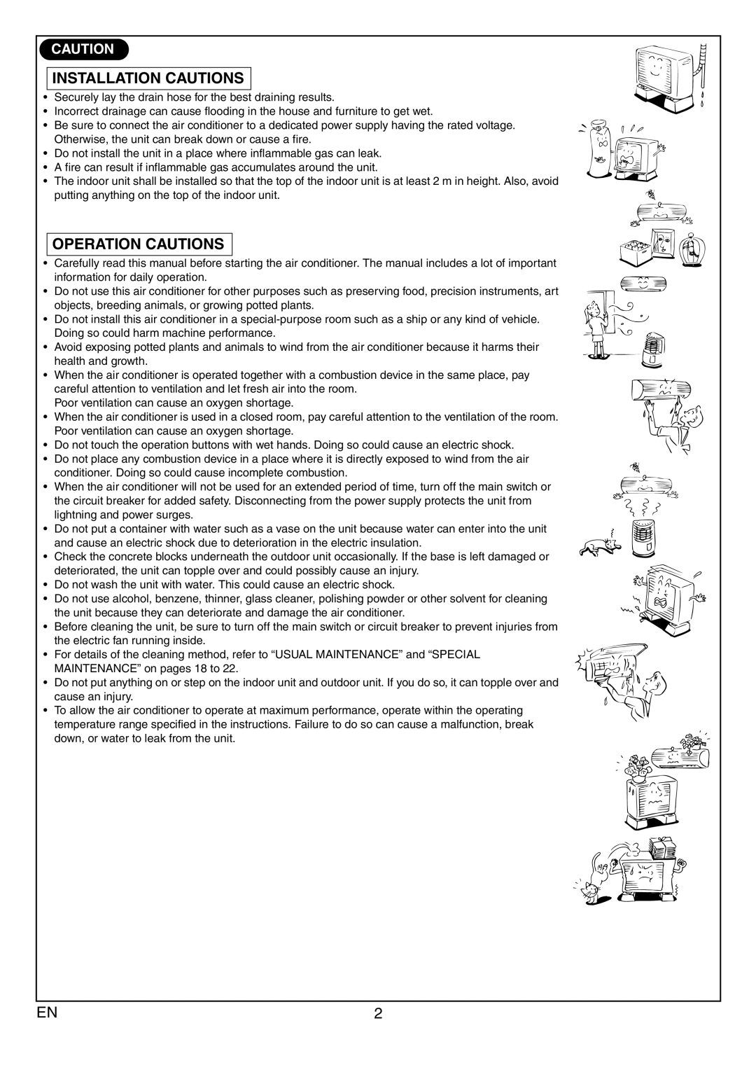 Toshiba RAS-10JAVP-E, RAS-13JAVP-E, RAS-13JKVP-E, RAS-10JKVP-E owner manual Installation Cautions, Operation Cautions 