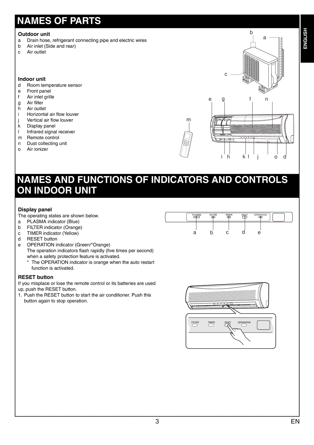 Toshiba RAS-13JAVP-E, RAS-13JKVP-E, RAS-10JKVP-E Names of Parts, Outdoor unit, Indoor unit, Display panel, Reset button 