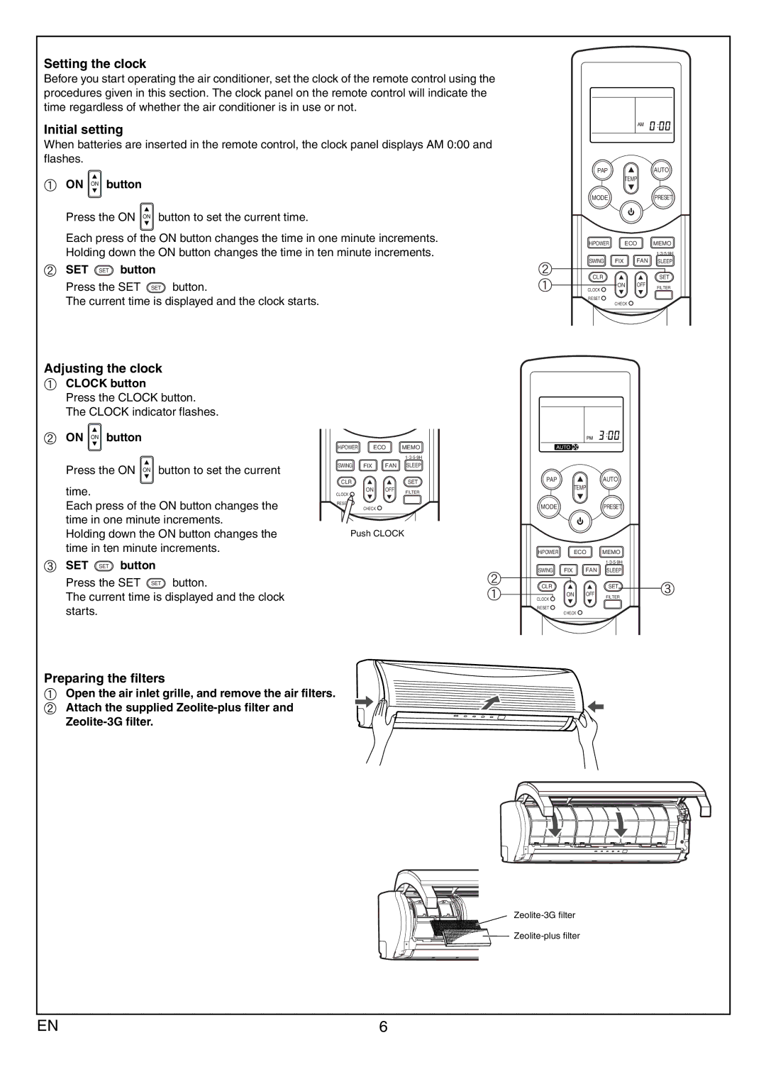 Toshiba RAS-10JAVP-E, RAS-13JAVP-E Setting the clock, Initial setting, Adjusting the clock, Preparing the filters 