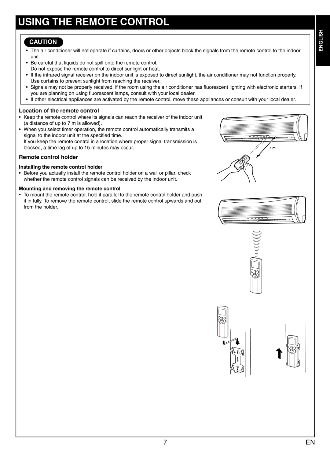 Toshiba RAS-13JAVP-E, RAS-13JKVP-E Using the Remote Control, Location of the remote control, Remote control holder 