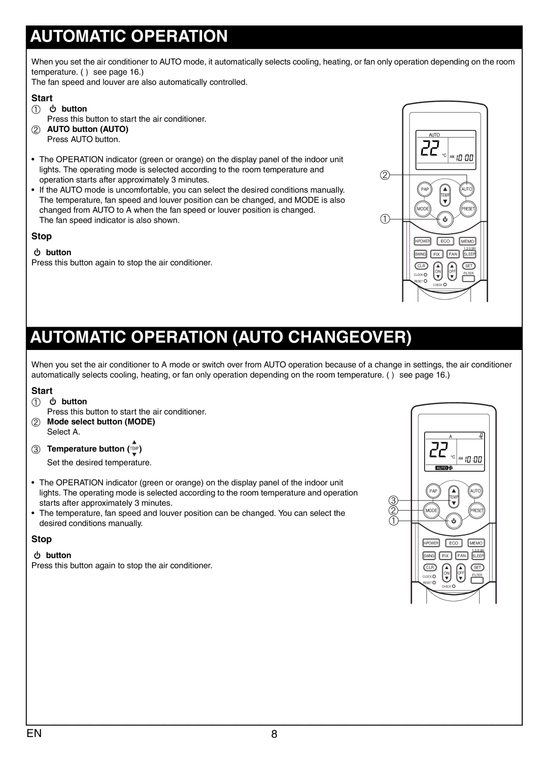 Toshiba RAS-13JKVP-E owner manual Automatic Operation Auto Changeover, Start, Stop, Auto button Auto Press Auto button 