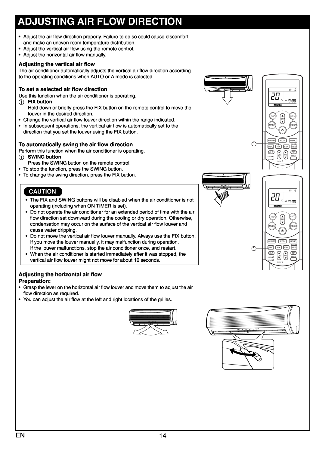 Toshiba RAS-10JAVP-E Adjusting Air Flow Direction, Adjusting the vertical air flow, To set a selected air flow direction 