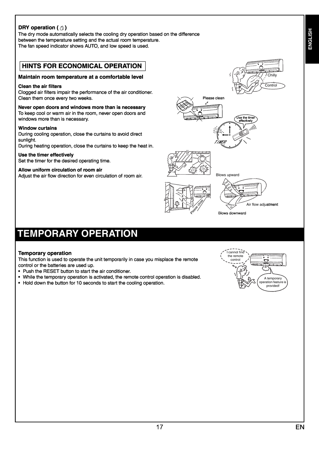 Toshiba RAS-10JKVP-E Temporary Operation, DRY operation, Maintain room temperature at a comfortable level, English 