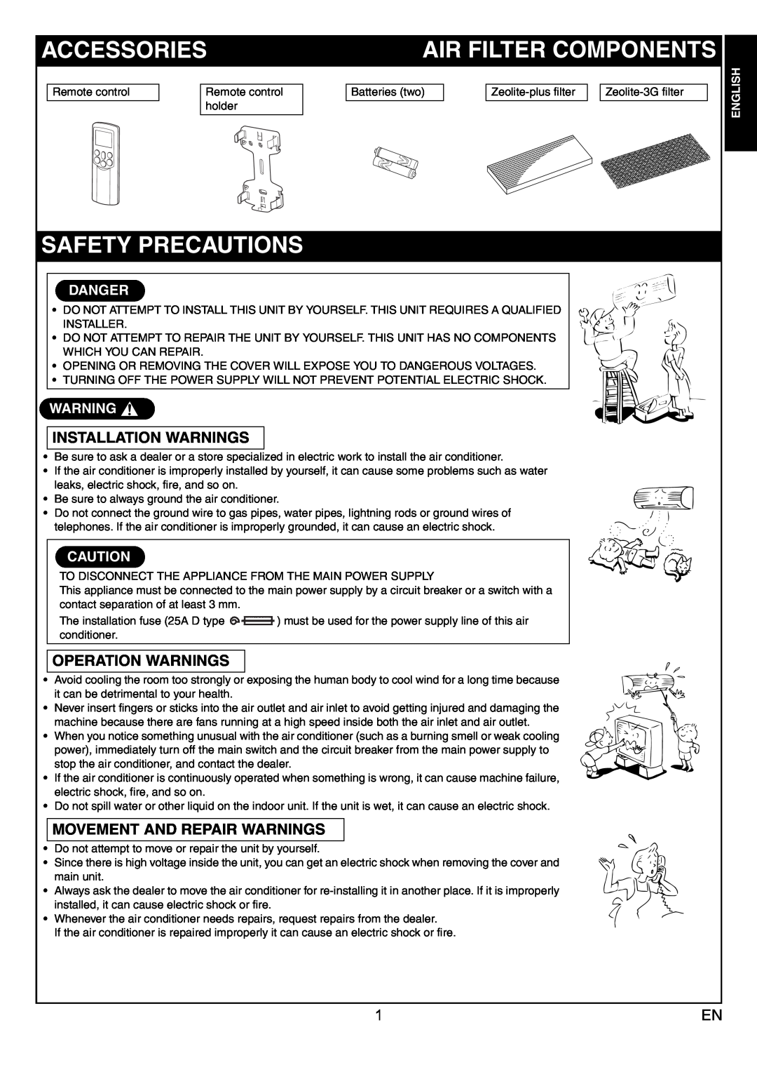 Toshiba RAS-10JKVP-E Accessories, Air Filter Components, Safety Precautions, English Français Deutsch Italiano Español 