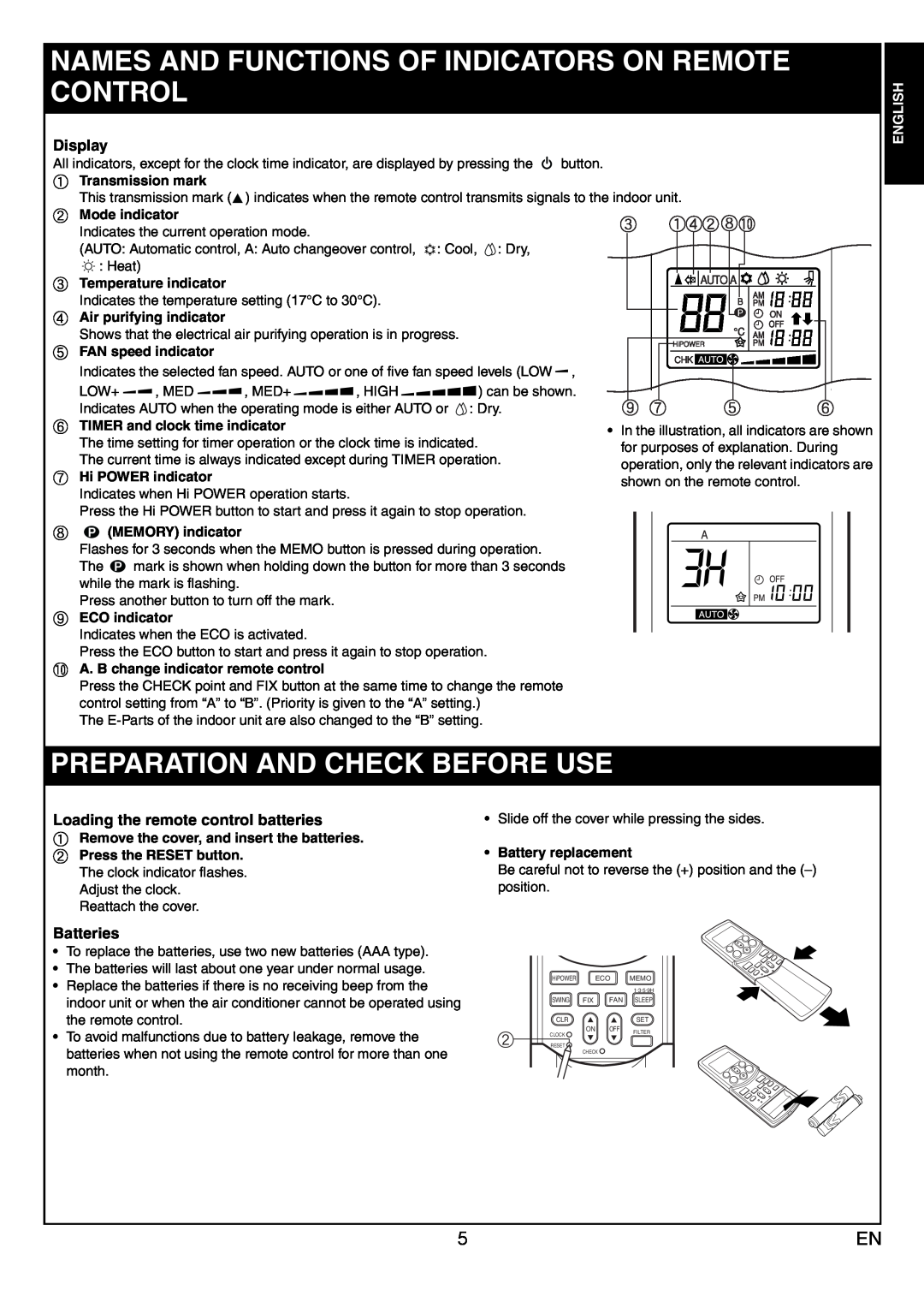 Toshiba RAS-10JKVP-E Preparation And Check Before Use, Display, adbhj, Loading the remote control batteries, Batteries 