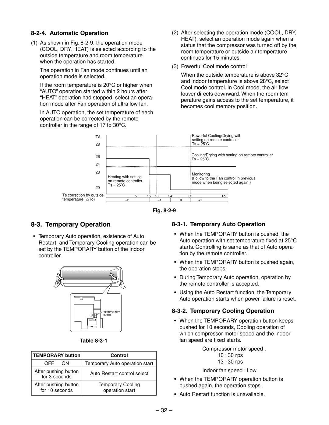 Toshiba RAS-13YKV-E Temporary Operation, Automatic Operation, Temporary Auto Operation, Temporary Cooling Operation 