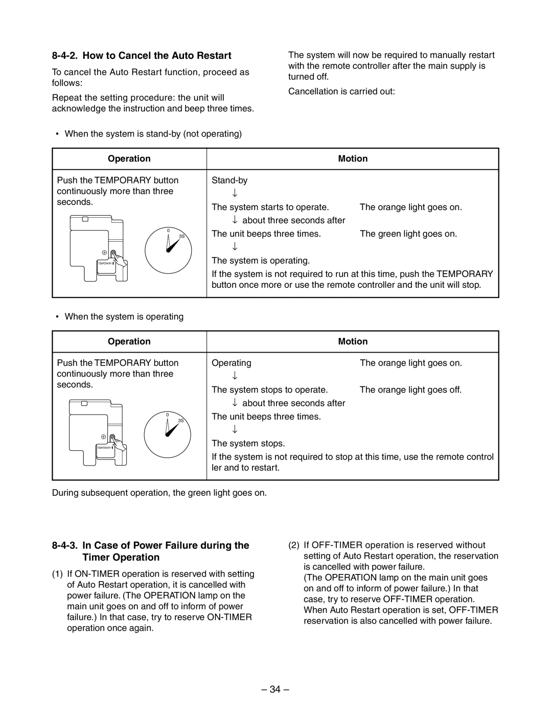 Toshiba RAS-10YAV-E, RAS-13YKV-E How to Cancel the Auto Restart, Case of Power Failure during the Timer Operation 