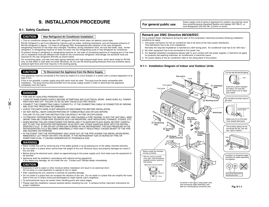 Toshiba RAS-13YKV-E, RAS-10YKV-E, RAS-10YAV-E Installation Procedure, Safety Cautions, Remark per EMC Directive 89/336/EEC 