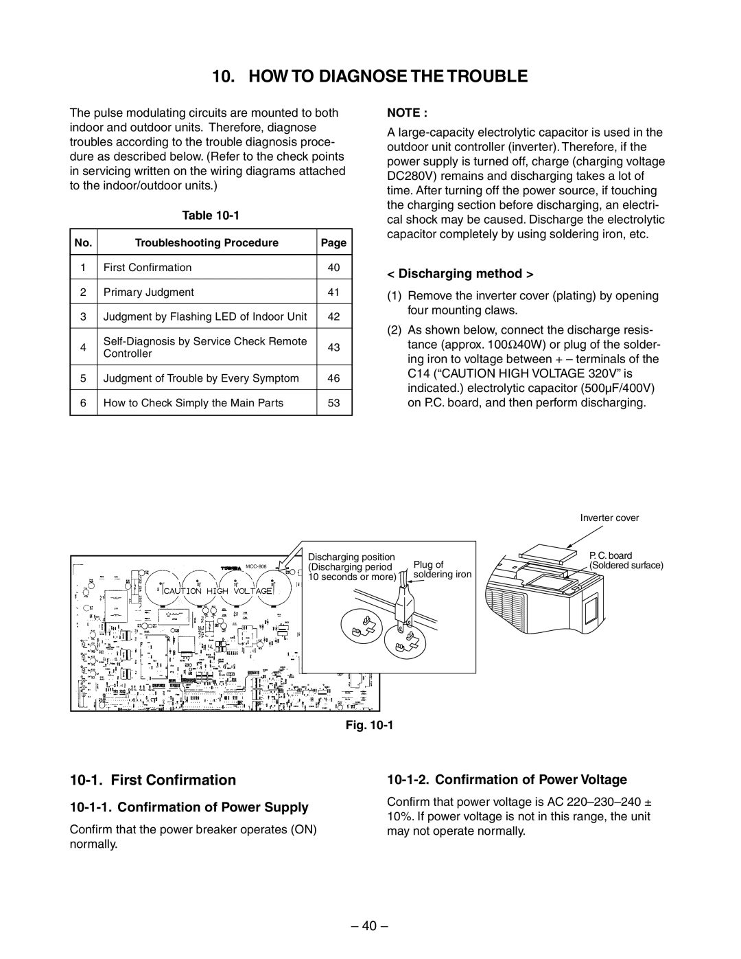 Toshiba RAS-13YKV-E HOW to Diagnose the Trouble, First Confirmation, Confirmation of Power Supply, Discharging method 