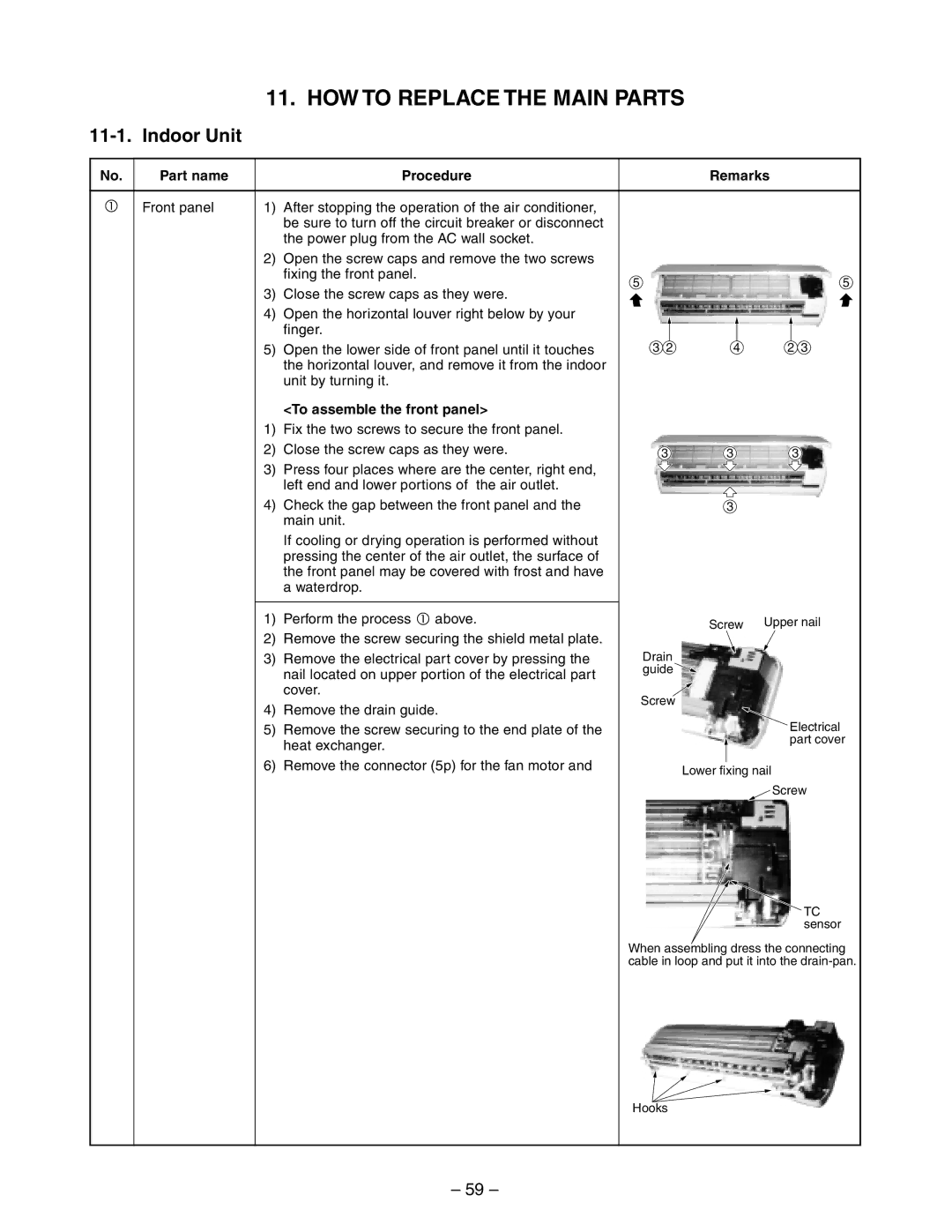 Toshiba RAS-13YAV-E HOW to Replace the Main Parts, Indoor Unit, Part name Procedure Remarks, To assemble the front panel 