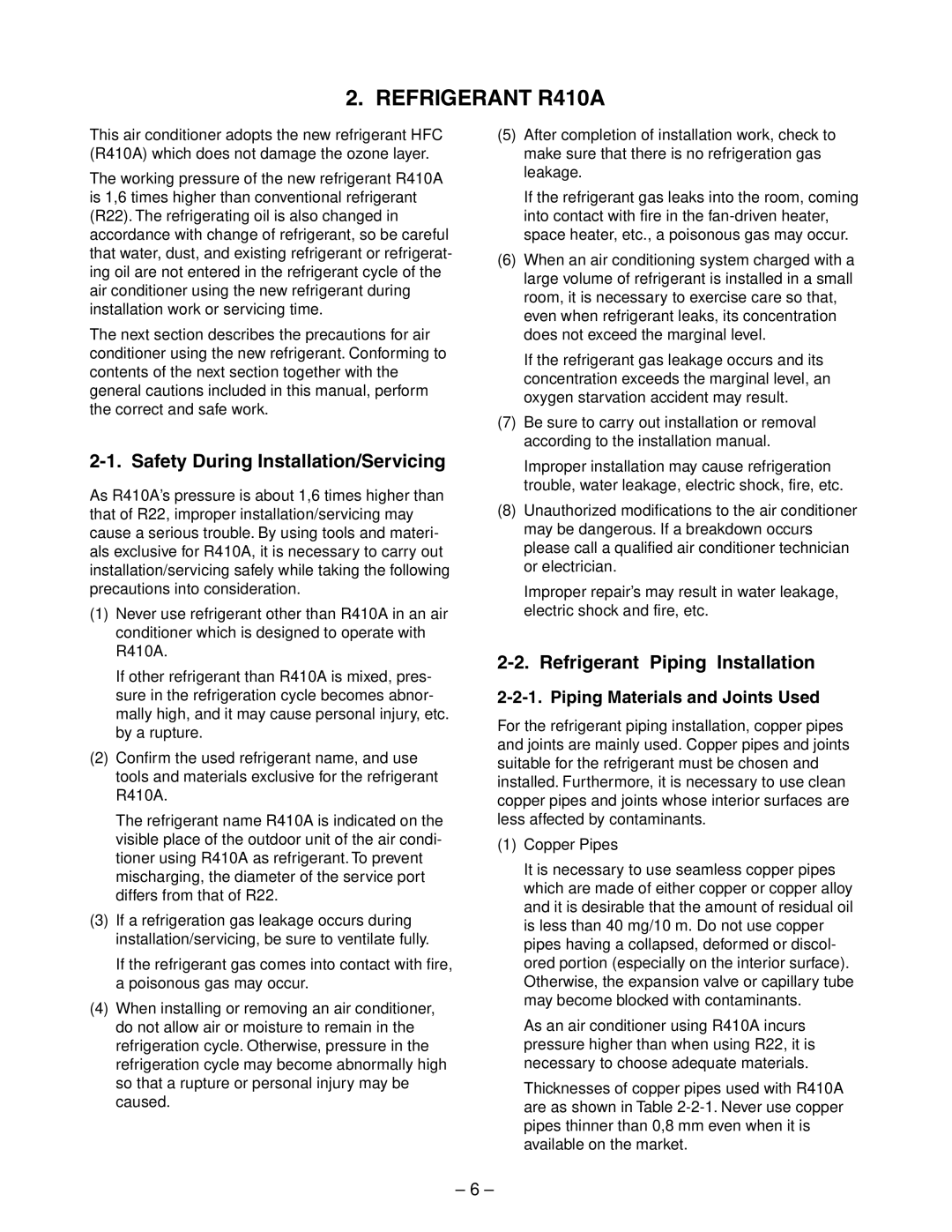 Toshiba RAS-10YAV-E, RAS-13YKV-E Refrigerant R410A, Safety During Installation/Servicing, Refrigerant Piping Installation 
