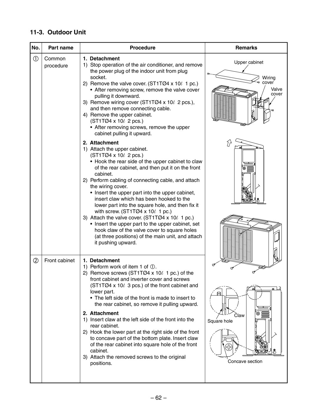 Toshiba RAS-10YAV-E, RAS-13YKV-E, RAS-10YKV-E, RAS-13YAV-E No. Part name Procedure Remarks, Detachment, Attachment 