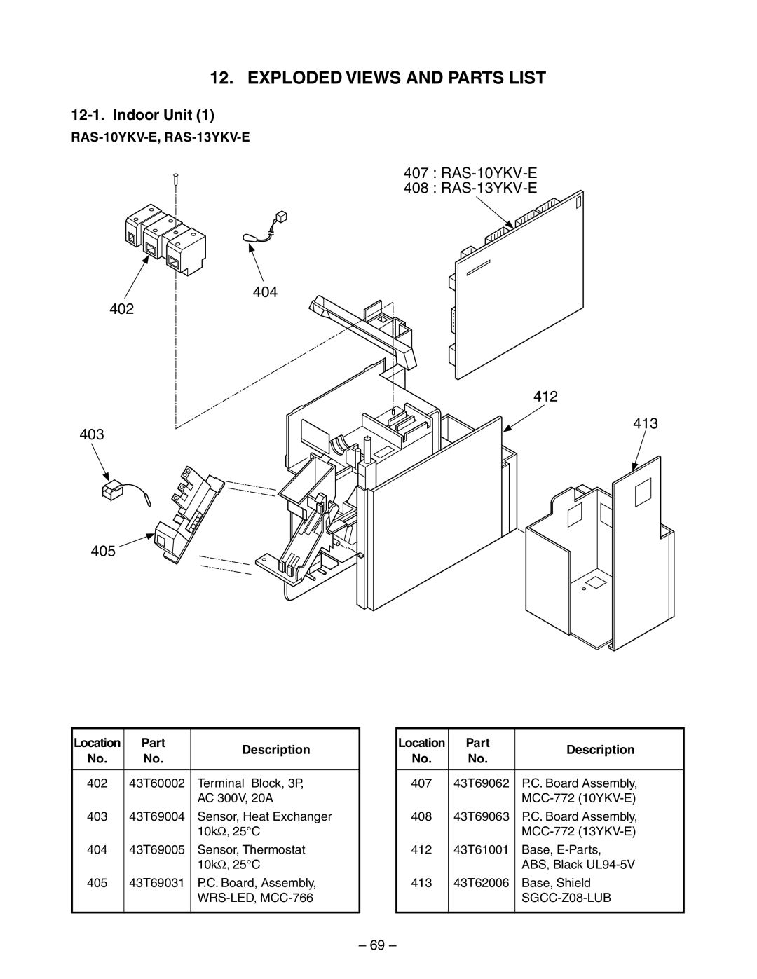 Toshiba RAS-10YKV-E, RAS-13YKV-E, RAS-10YAV-E, RAS-13YAV-E Exploded Views and Parts List, Part Description, Location 