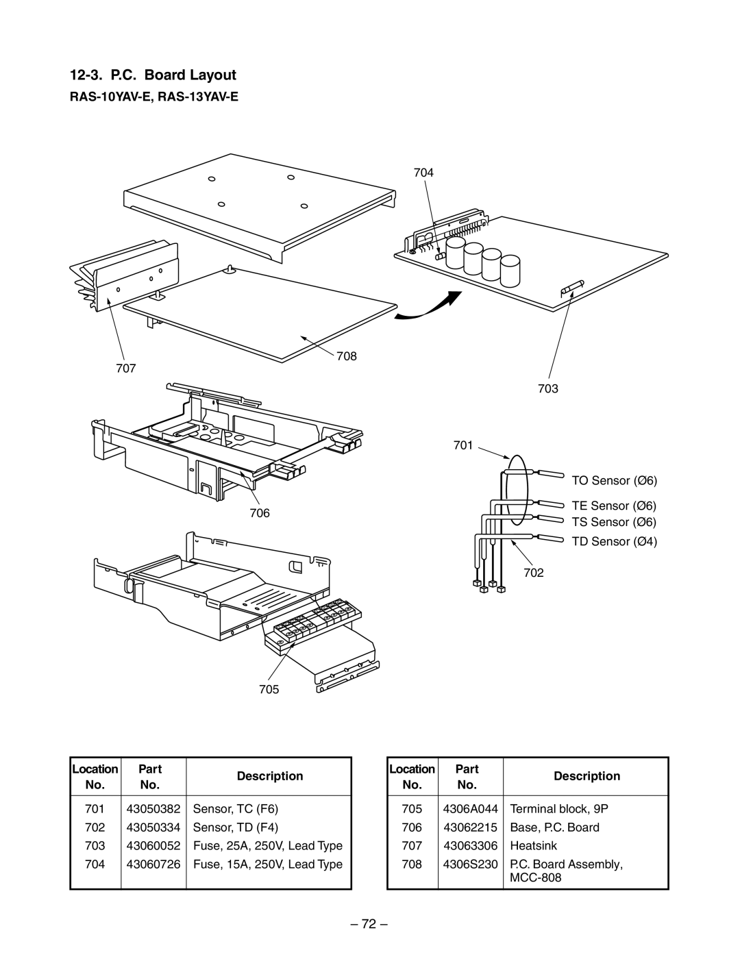 Toshiba RAS-13YKV-E, RAS-10YKV-E, RAS-10YAV-E, RAS-13YAV-E service manual 12-3. P.C. Board Layout 