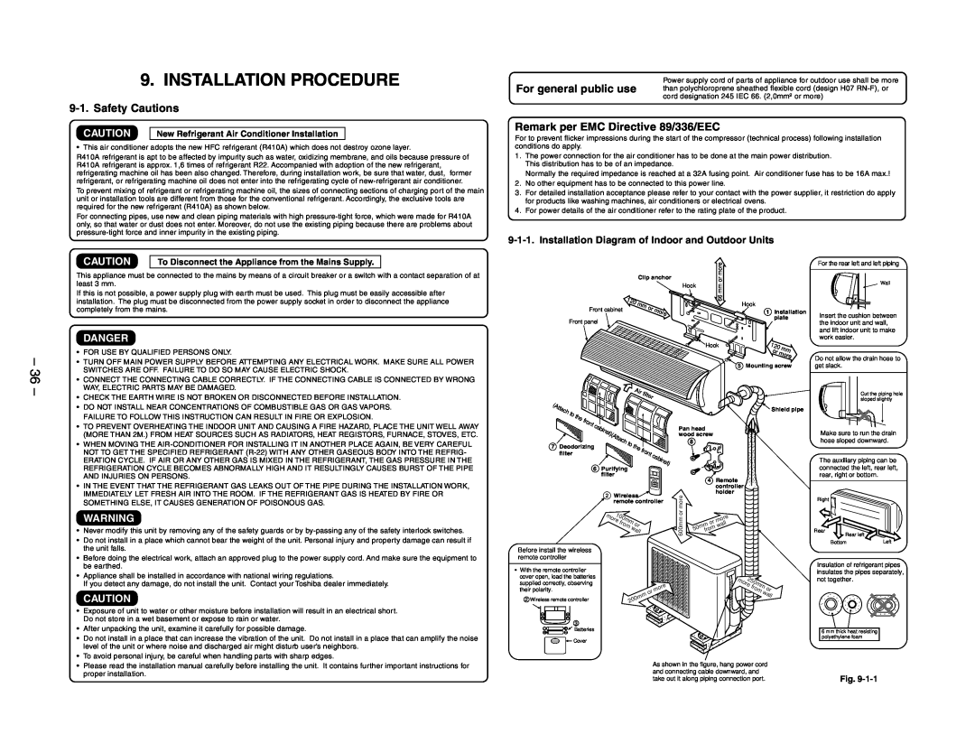 Toshiba RAS-13YKV-E, RAS-10YKV-E, RAS-10YAV-E, RAS-13YAV-E service manual Installation Procedure, Danger 