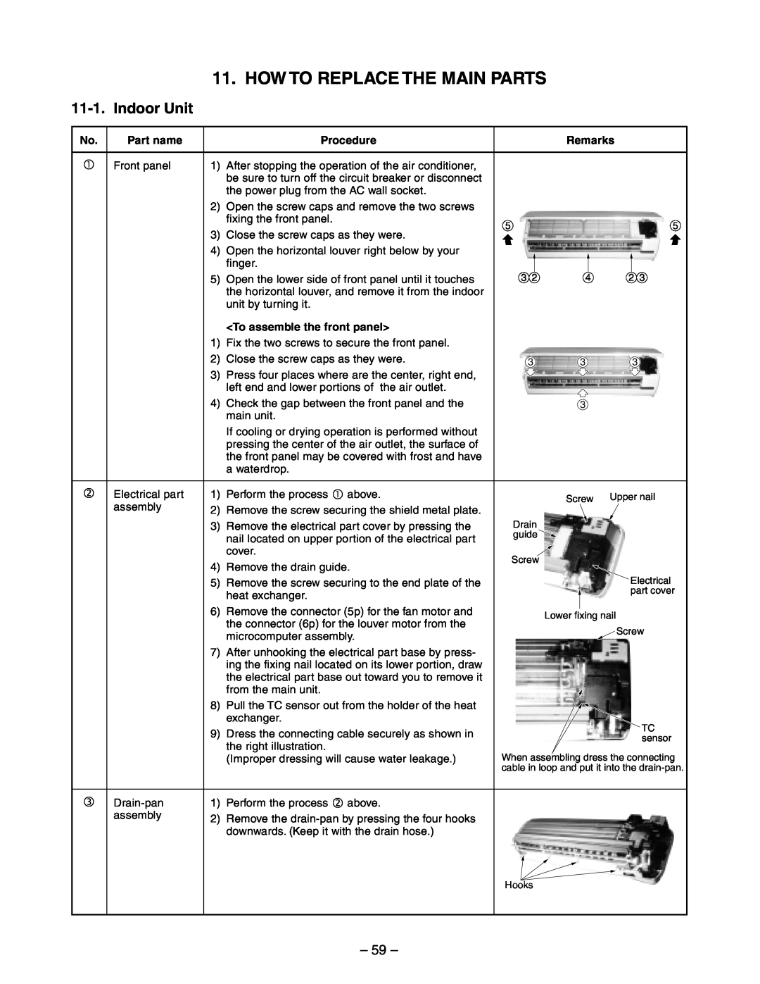 Toshiba RAS-13YAV-E, RAS-13YKV-E, RAS-10YKV-E, RAS-10YAV-E service manual How To Replace The Main Parts, 11-1, Indoor Unit 