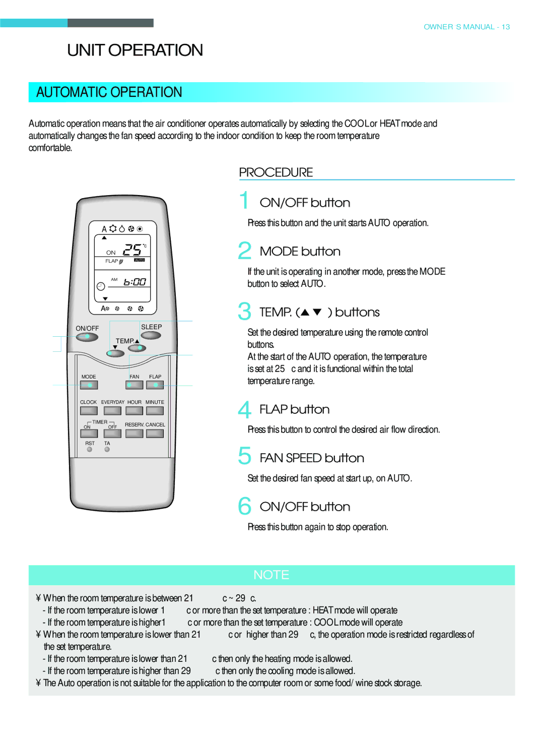 Toshiba RAS-18LAH-A, RAS-22LKH-A, RAS-22LAH-A, RAS-18LKH-A owner manual Unit Operation, Automatic Operation 