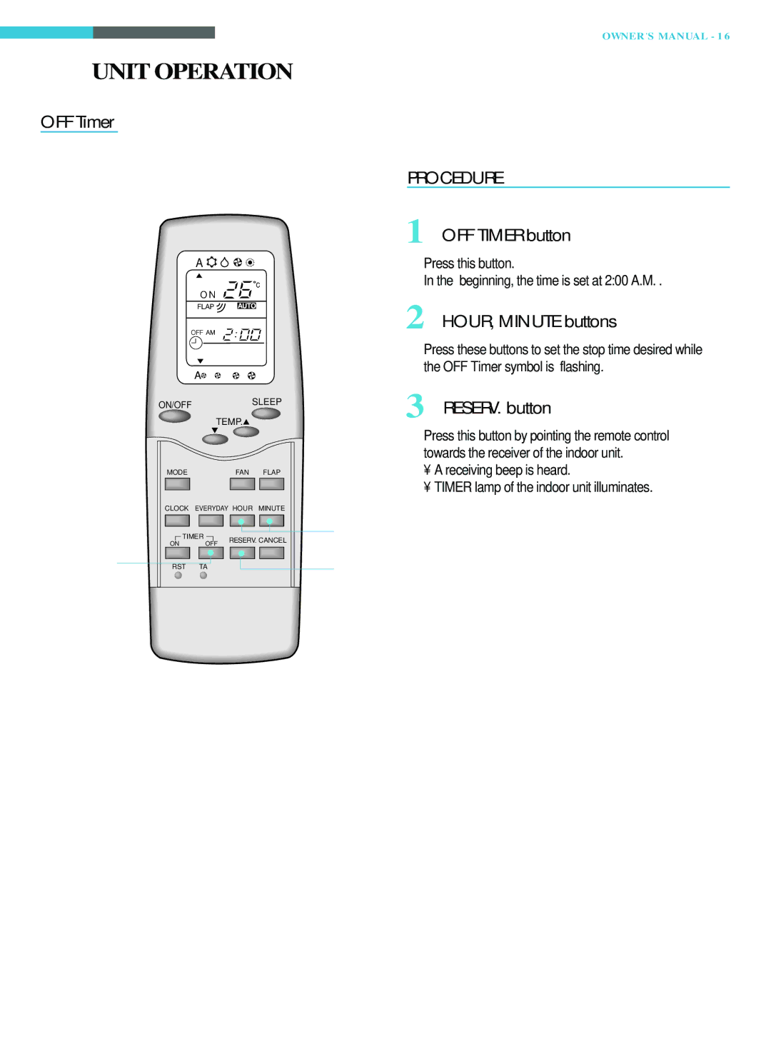 Toshiba RAS-18LKH-A, RAS-22LKH-A, RAS-22LAH-A OFF Timer button, Press this button Beginning, the time is set at 200 A.M 