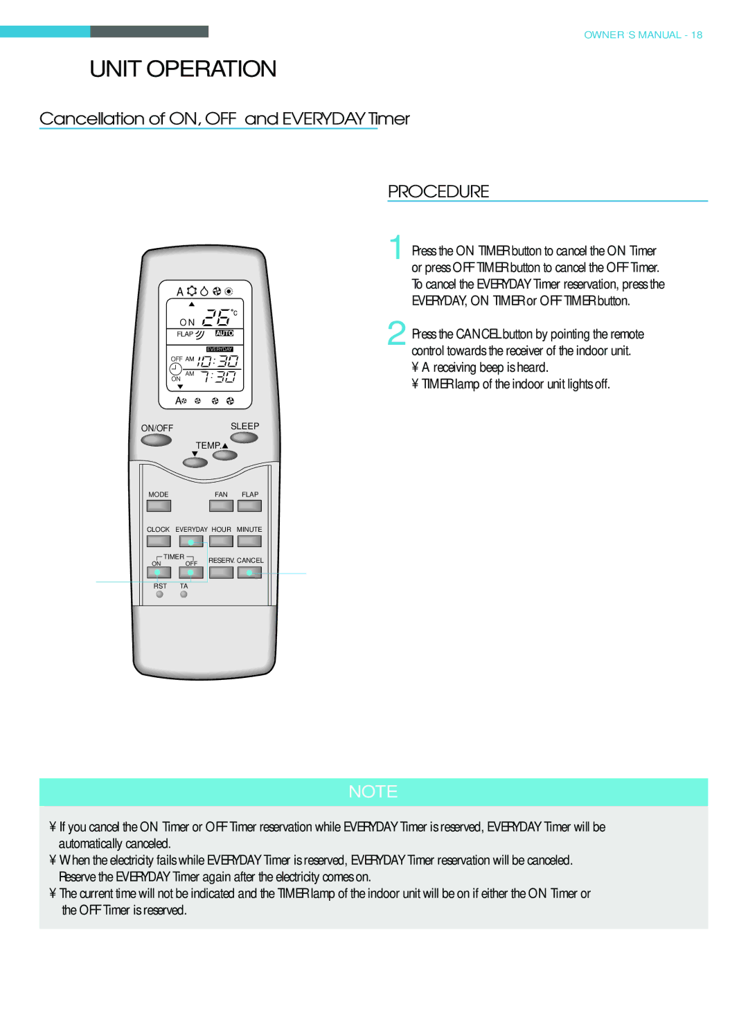 Toshiba RAS-22LKH-A, RAS-22LAH-A, RAS-18LKH-A, RAS-18LAH-A owner manual Cancellation of ON, OFF and Everyday Timer 