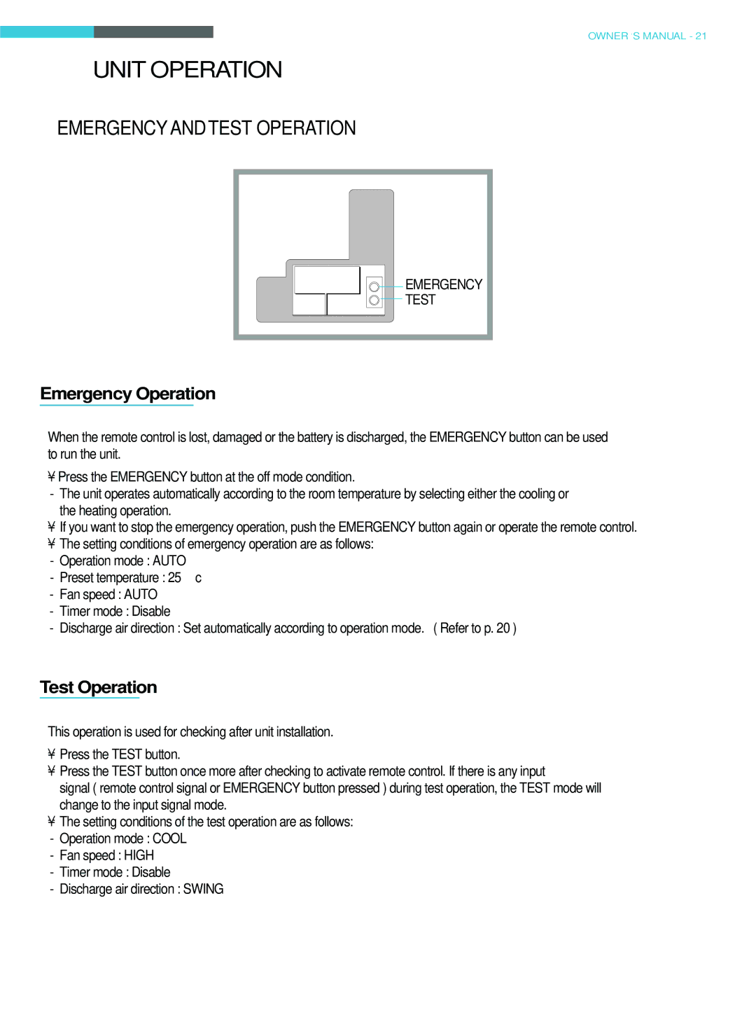 Toshiba RAS-18LAH-A, RAS-22LKH-A, RAS-22LAH-A, RAS-18LKH-A owner manual Emergency and Test Operation, Emergency Operation 