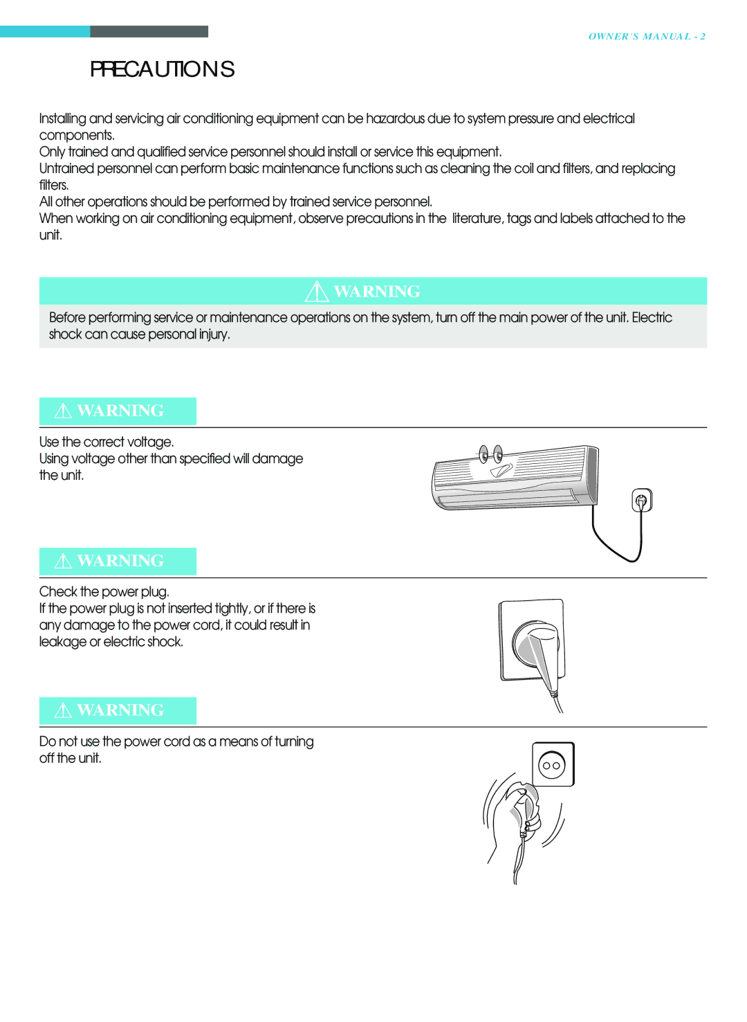 Toshiba RAS-22LKH-A, RAS-22LAH-A, RAS-18LKH-A, RAS-18LAH-A owner manual Precautions 