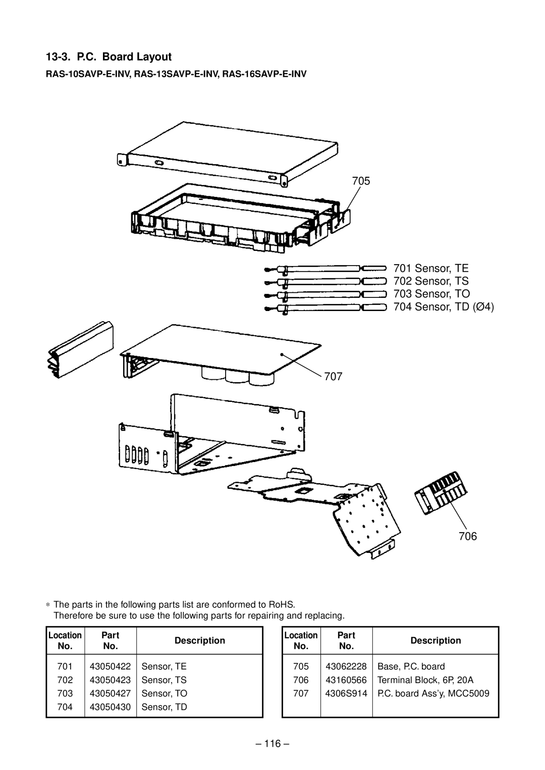 Toshiba RAS-10SAVP-E, RAS-B13SKVP-E, RAS-B10SKVP-E service manual 13-3. P.C. Board Layout, 116 