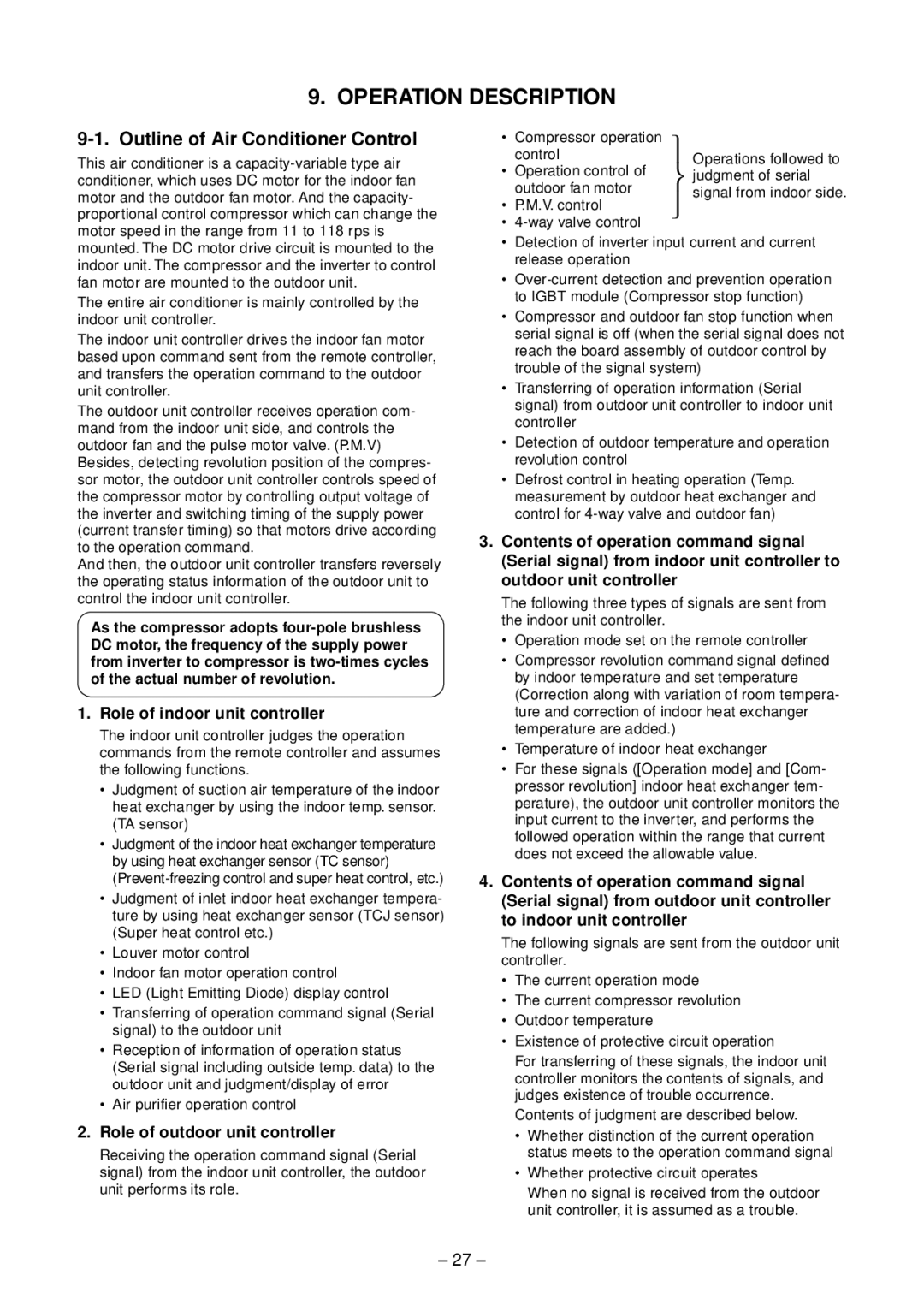 Toshiba RAS-B13SKVP-E Outline of Air Conditioner Control, Role of indoor unit controller, Role of outdoor unit controller 