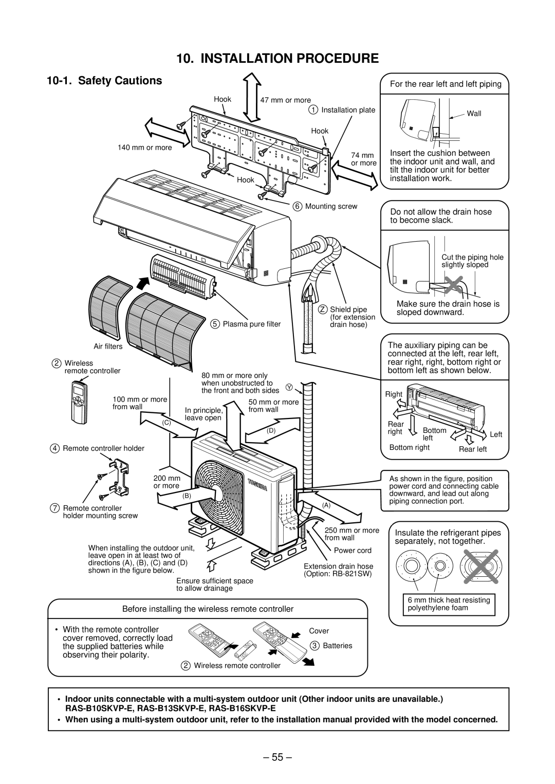 Toshiba RAS-B10SKVP-E Safety Cautions, For the rear left and left piping, Do not allow the drain hose to become slack 