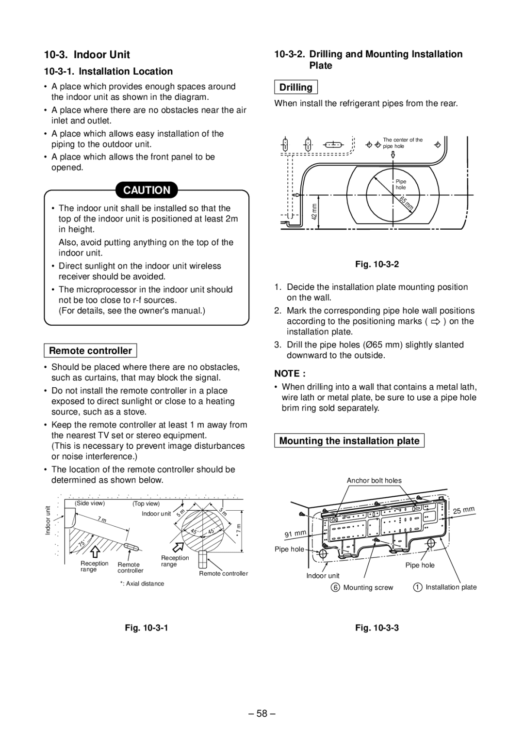 Toshiba RAS-B10SKVP-E, RAS-B13SKVP-E Installation Location, Remote controller, Drilling and Mounting Installation Plate 