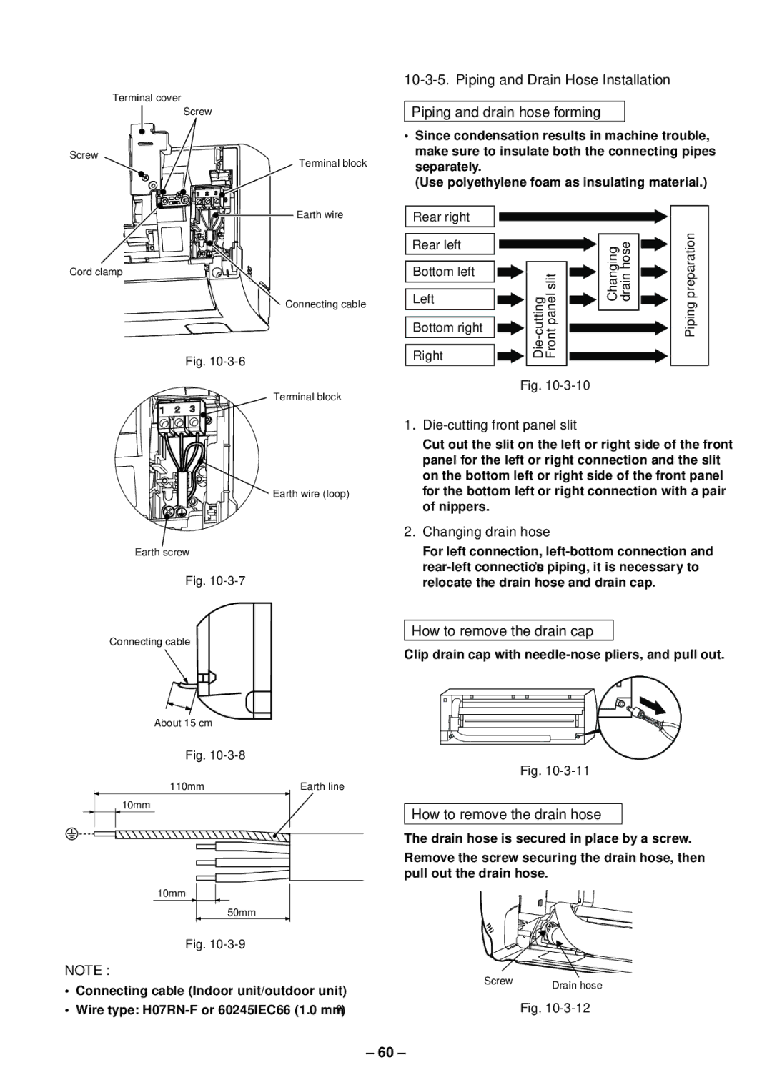 Toshiba RAS-B13SKVP-E How to remove the drain cap, How to remove the drain hose, Die-cutting front panel slit 