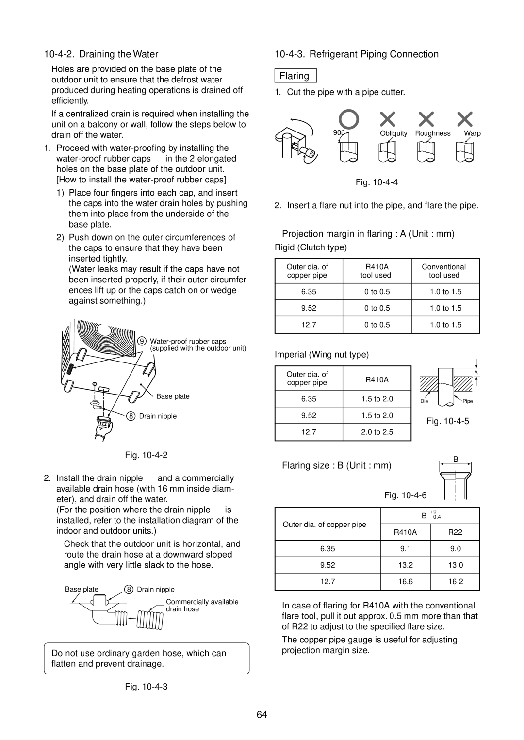 Toshiba RAS-B10SKVP-E Draining the Water, Refrigerant Piping Connection Flaring, Projection margin in flaring a Unit mm 