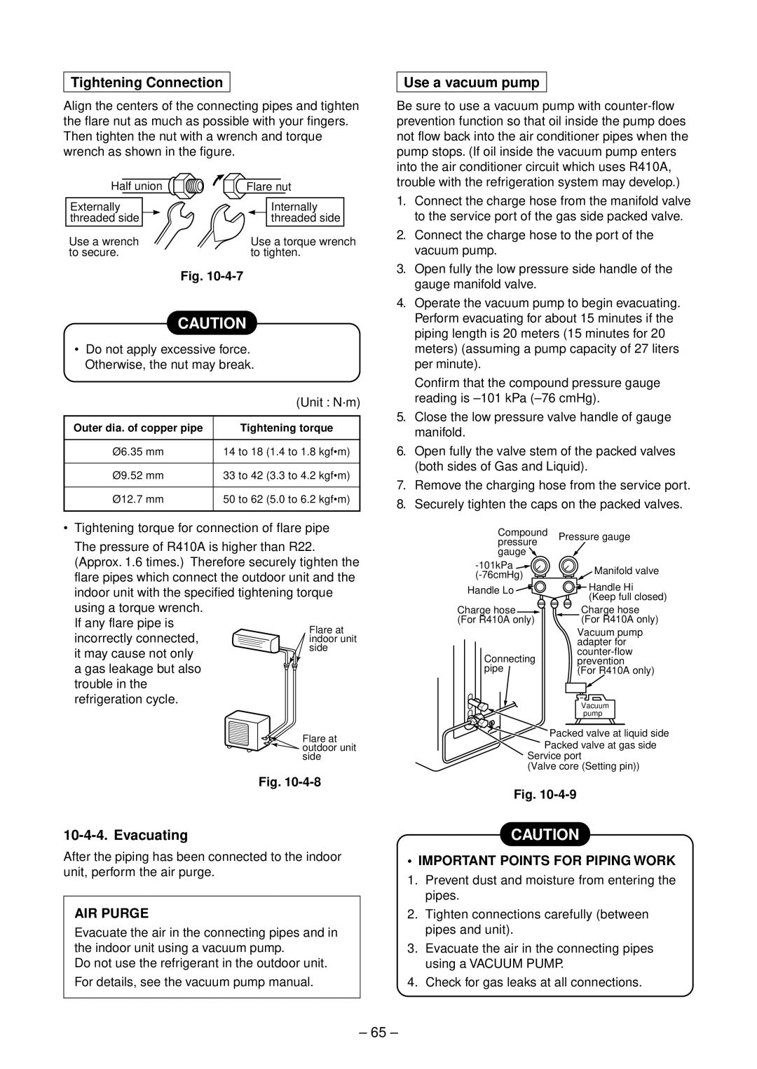 Toshiba RAS-10SAVP-E, RAS-B13SKVP-E, RAS-B10SKVP-E Tightening Connection, Use a vacuum pump, To secure To tighten 