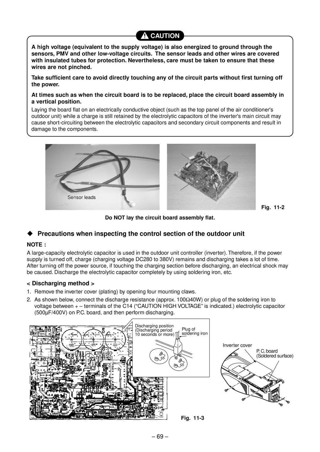 Toshiba RAS-B13SKVP-E Discharging method, Do not lay the circuit board assembly flat, Sensor leads, Inverter cover 