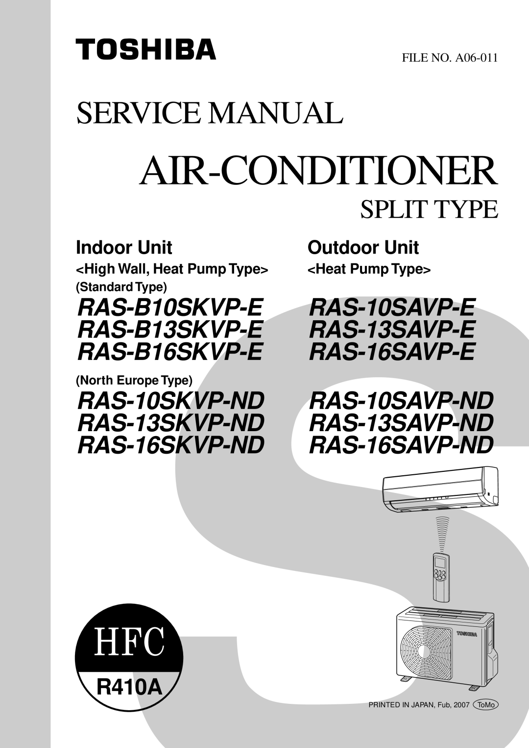 Toshiba RAS-B10SKVP-E service manual Air-Conditioner, Service Manual, Split Type, RAS-10SAVP-E RAS-13SAVP-E RAS-16SAVP-E 