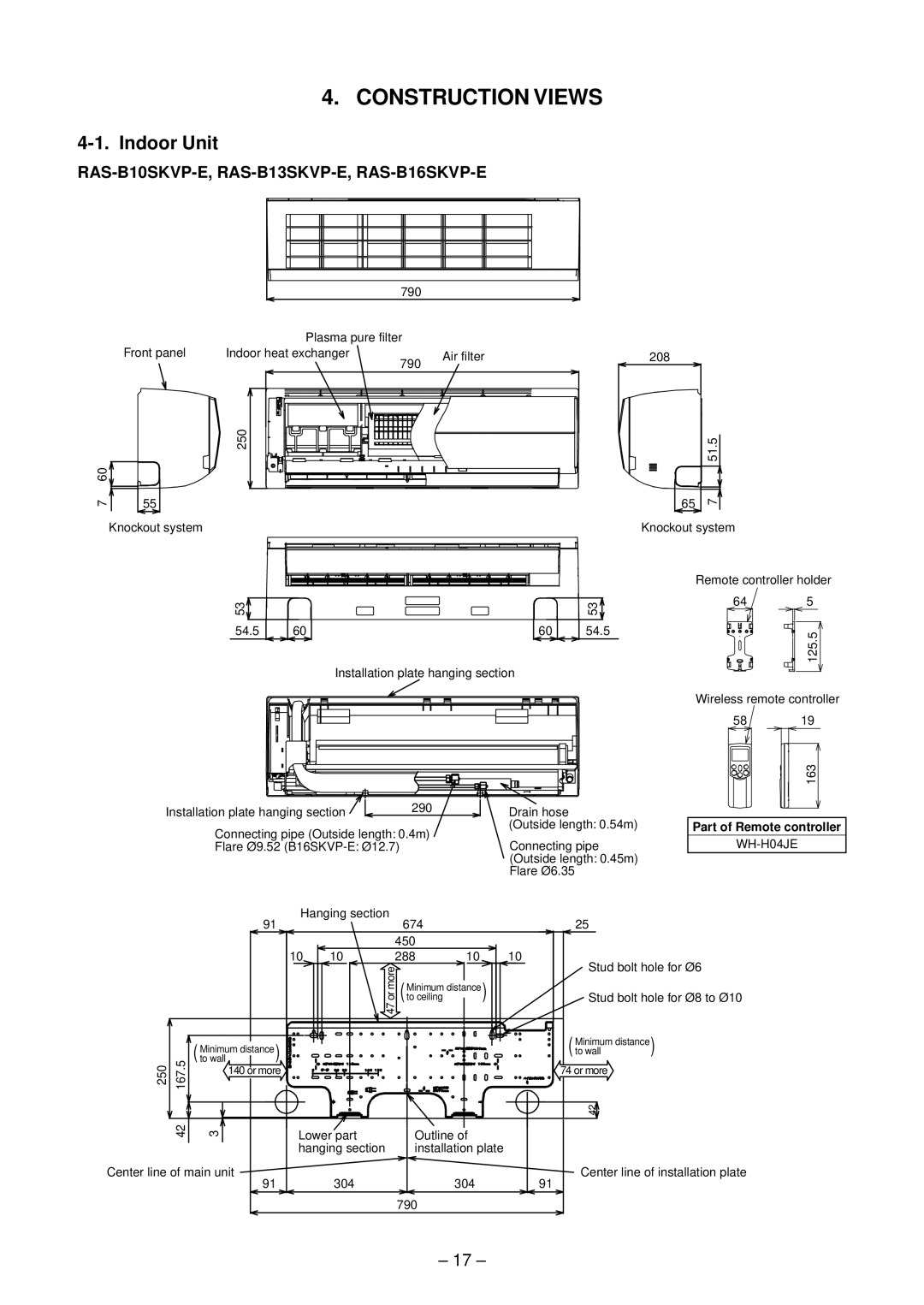 Toshiba RAS-10SAVP-E service manual Construction Views, Indoor Unit, RAS-B10SKVP-E, RAS-B13SKVP-E, RAS-B16SKVP-E 
